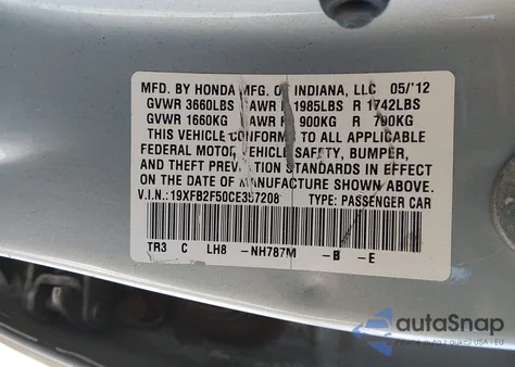 2012 Honda Civic Lx z USA, uszkodzony, nr VIN 19XFB2F50CE357208
